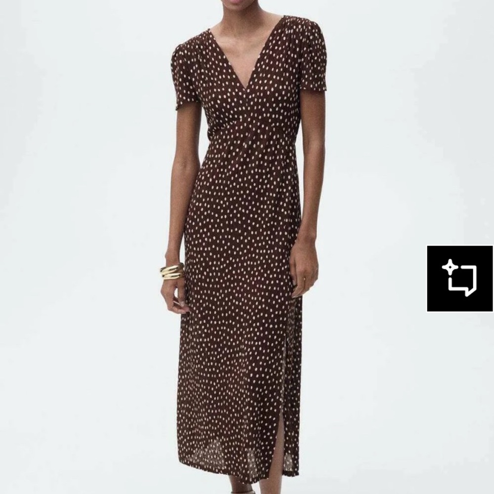 Mango Brown and White Polka Dot Midi Dress
